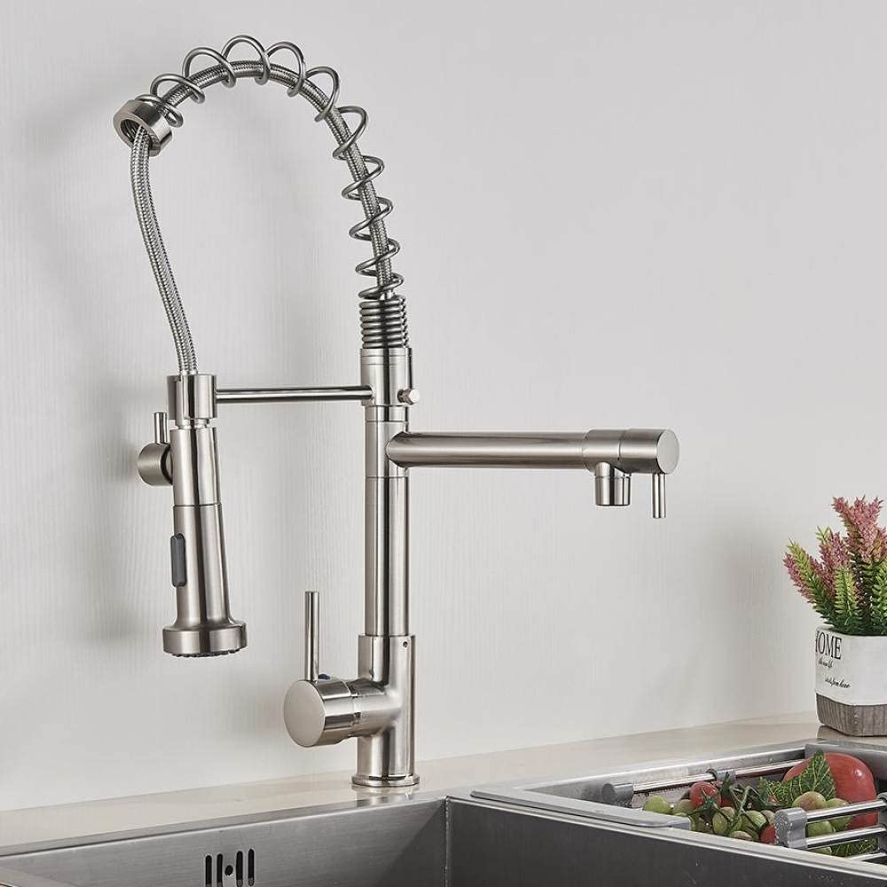 FCXWEVR Matte Black Kitchen Faucet with Dual Spouts Bridge Mount Design Spring Pull Down Mixer Hot & Cold Water Tap Chrome Accents Stylish & Functional Sink Fixture