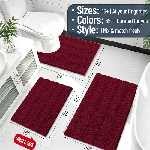 Image of Smiry Thick Chenille Bathroom Runner Rugs 59x24, Absorbent Striped Bath Mat, Machine Washable, Rubber Backing, Extra Long Bath Rugs for Tub & Shower, Modern Home Decor Accessories, Burgundy