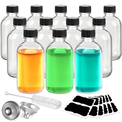 Showvigor 12 Pack 2oz Boston Round Glass Bottles with Funnels-Leakproof Glass Bottles with Lids for Storing Experimental Samples Preparations or Powders