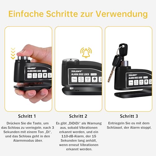 ZELENY Bremsscheibenschloss Alarm 110db Motorrad Schloss, Motorradschloss Alarmanlage mit 1.5m Rückrufkabel und Schlosstasche, Scheibenbremsen Schloss für Moto Fahrrad Moped