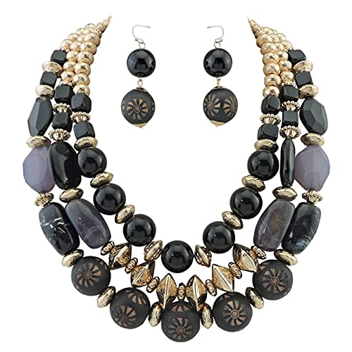 Bocar 3 Layer Chunky Statement Beaded Necklace Fashion Multi Layer Women Collar Necklace (NK-10625-Black-Set)