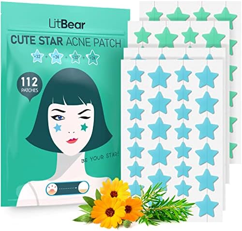 LitBaer Star-Shaped Pimple Patch Hydrocolloid Acne Stickers with Tea Tree Oil + Salicylic Acid, Cover Dot for Acne Blemish, Pimples, Whiteheads, Zit, Draw out Oil & Impurities, 112 Dots, 14mm & 10mm