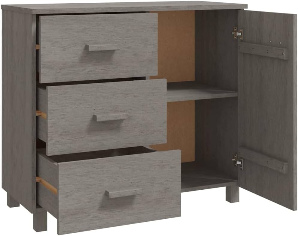 HAMAR Light Gray Solid Pinewood Sideboard 35.4"x15.7"x31.5" with 3 Drawers and 1 Door, Sturdy Wooden Cabinet for Living Room Storage and Organization, Ample Space