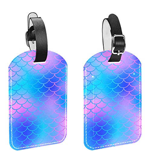 Luggage Tags Holders for Travel Luggage Baggage Identifier 2 Pack Fish Scale Dreamy Blue Rosy Color Mermaid