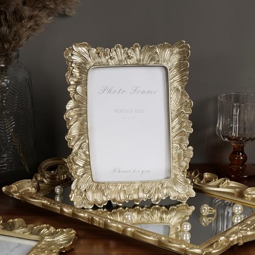 Gold 5x7 Picture Frame, Vintage Gold Palm Leaves Textured Hand-Crafted Resin with Glass Front Elegant Retro Vintage Design Photo Frame for Wall and Tabletop Display Home Decor