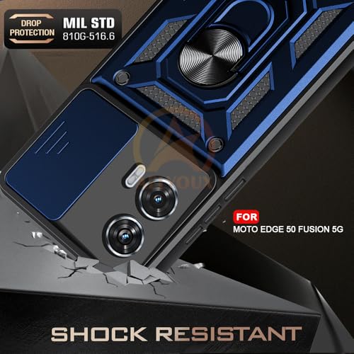 Image of Armor Bumper Back Cover Case for Moto Edge 50 Fusion 5G Rotating Camera Cover, Ring Holder & Kickstand | Heavy Duty & 360 Degree Protection Moto Edge 50 Fusion 5G Back Cover (Blue)