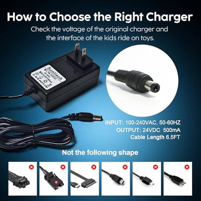 24V Charger for Kids Ride On Toys, 24 Volt Kids Battery Charger for Wrangler SUV Kid Trax Dynacraft Toy Car Jeep ATV Quad Disney Electric Car Ride-Ons Accessories, 500mA Supply Power Adapter
