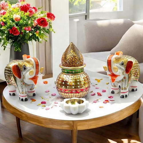 Premium Auspicious Marble Gift Box Set for Diwali, Weddings, Grihpravesh | Handcrafted Marble 2 Pcs Big Size 5" Elephants, Mangal Kalash, Shreephal, Diya (12x15 inch) — photo — 9 of 9