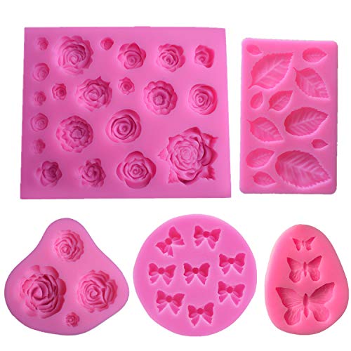 BakingWorld Flower Fondant Cake Mold SetRoseLeafButterfly and Mini Bow Silicone Molds for Chocolate Fondant Polymer Clay Soap Crafting Projects Cake Decoration5 Pack