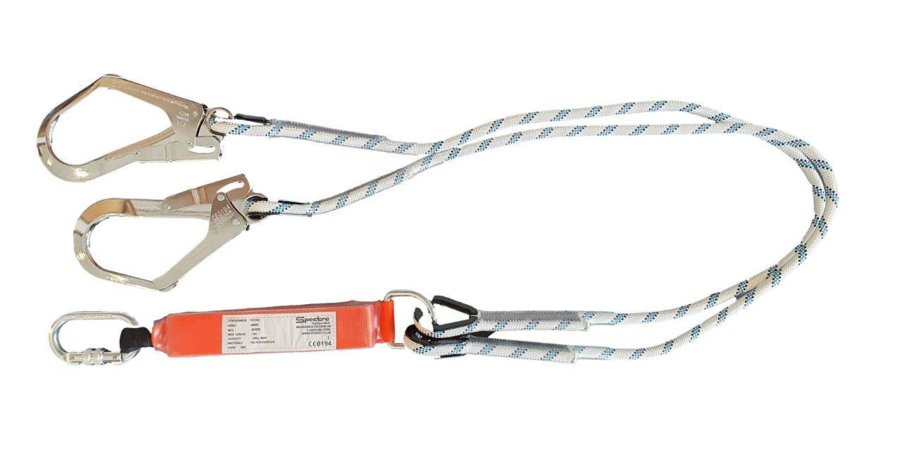 Cordino SpanSet anticaduta 2mt con assorbitore di energia a strappo e due ganci da ponteggio. Conforme alla norma EN355.