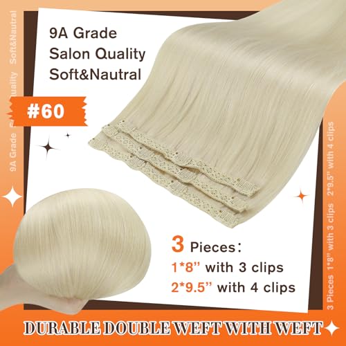 Image of Full Shine Human Hair Extensions Clip Ins, Platinum Blonde, 14 Inch 60g | 3 Pcs, Lightweight Fill Ins for Fine or Thin Hair, Lace Weft, Heat Styling Friendly, Short Hair Blending, Secure Hold