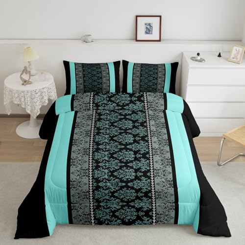 jejeloiu Adult Classic Jacquard Bedding Set Queen Size Damask Pattern Comforter Set for Boys Girls Black Teal Stripe Duvet Set Baroque Quilt Set 3Pcs