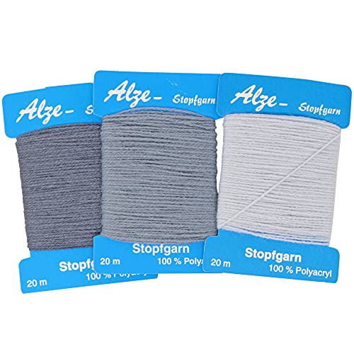 3er Set Stopfgarn | zum Stopfen und ausbessern von Löchern, Laufmaschen und bei Strickwaren | auch als Beilaufgarn zu verwenden | 20 Meter pro Karte | 100% Polyacryl (Dunkelgrau - Grau - Hellgrau) Cover
