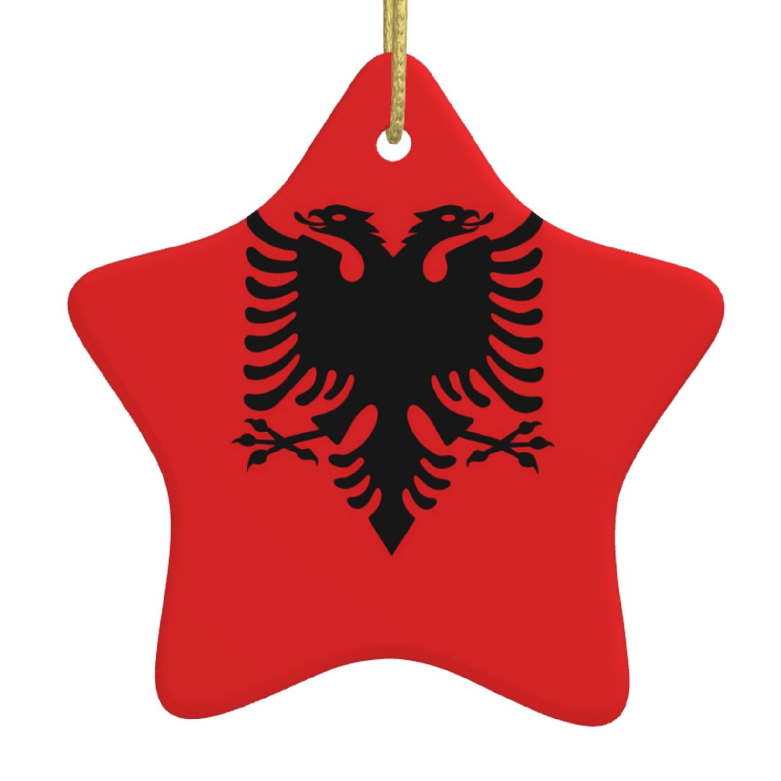 Albanian Flag Christmas Ceramic Star Pendant with Punched Holes and Gold Wire Rope, Christmas Tree Home Decoration