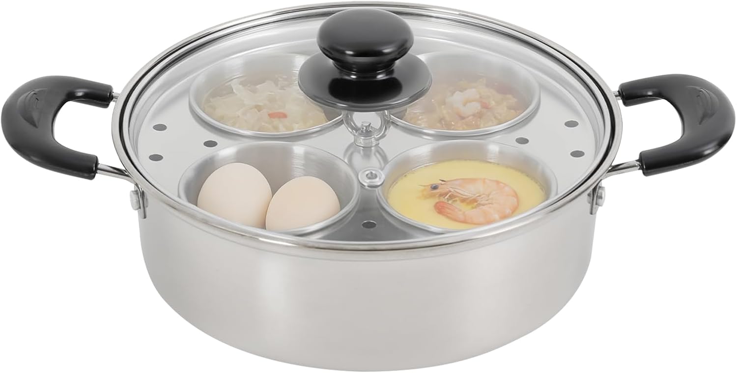 Egg Poacher Pan, 4 Eggs Stainless Steel Food Steamer Pot with Detachable Cups & Lid, Nonstick Poached Egg Maker for Multiple Stove Types