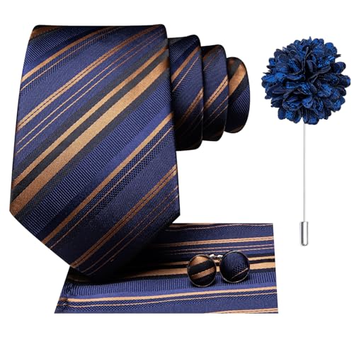 Image of Hi-Tie Men Silk Ties Set with Flower Lapel Pin Necktie Pocket Square Cufflinks for Tuxedo Wedding Business