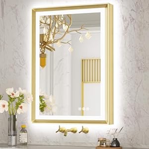 TokeShimi 24×36 Inch LED Bathroom Vanity Mirror Gold Frame Backlit and Front Lighted Aluminum Alloy Rectangle Beveled Edge Tricolors Stepless Dimmable Anti-Fog Memory Function for Wall Decor