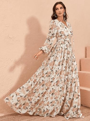 Image of TOLEEN Summer Casual Dresses for Women 2024 Spring Fashion Boho V Neck Long Sleeve Ruffle Floral Print Elegant Maxi Dress