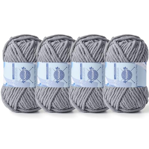 Image of 4 Pack Chunky Chenille Yarn for Crocheting, Baby Yarn for Crocheting Soft Blankets, Bulky Yarns for Crochet Amigurumi, 400g (297yds) Fluffy Velvet Yarns for Hand Knitting (4 Light Gray)