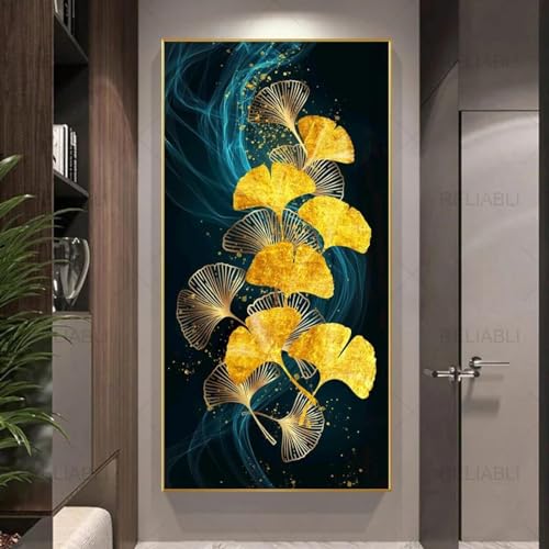 Peinture d'entrée feuille de Ginkgo dorée pour habiller un grand mur vide