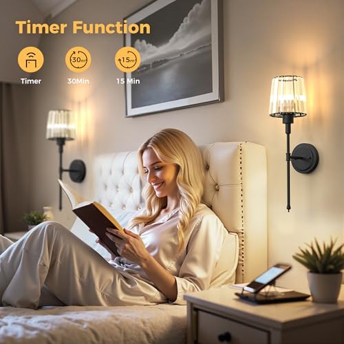 Image of DORESshop Battery Operated Wall Sconce Set of 2, Wireless Wall Light, 15 Color Rechargeable Wall Sconces, Sconce Wall Decor Set of 2 for Bedroom, Living Room, Black and Crystal, 24.6in