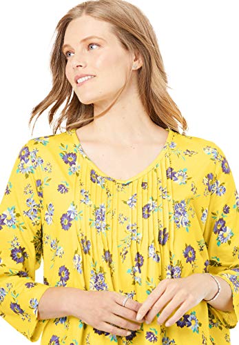 Woman Within Women's Plus Size V-Neck Pintucked Tunic - 22/24, Navy Marigold Floral Blue #TOP4