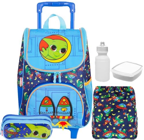 Kit Mochila Menino Infantil Escolar Tema Foguete Lancheira Interna Estojo Alien Rodinhas Sestini