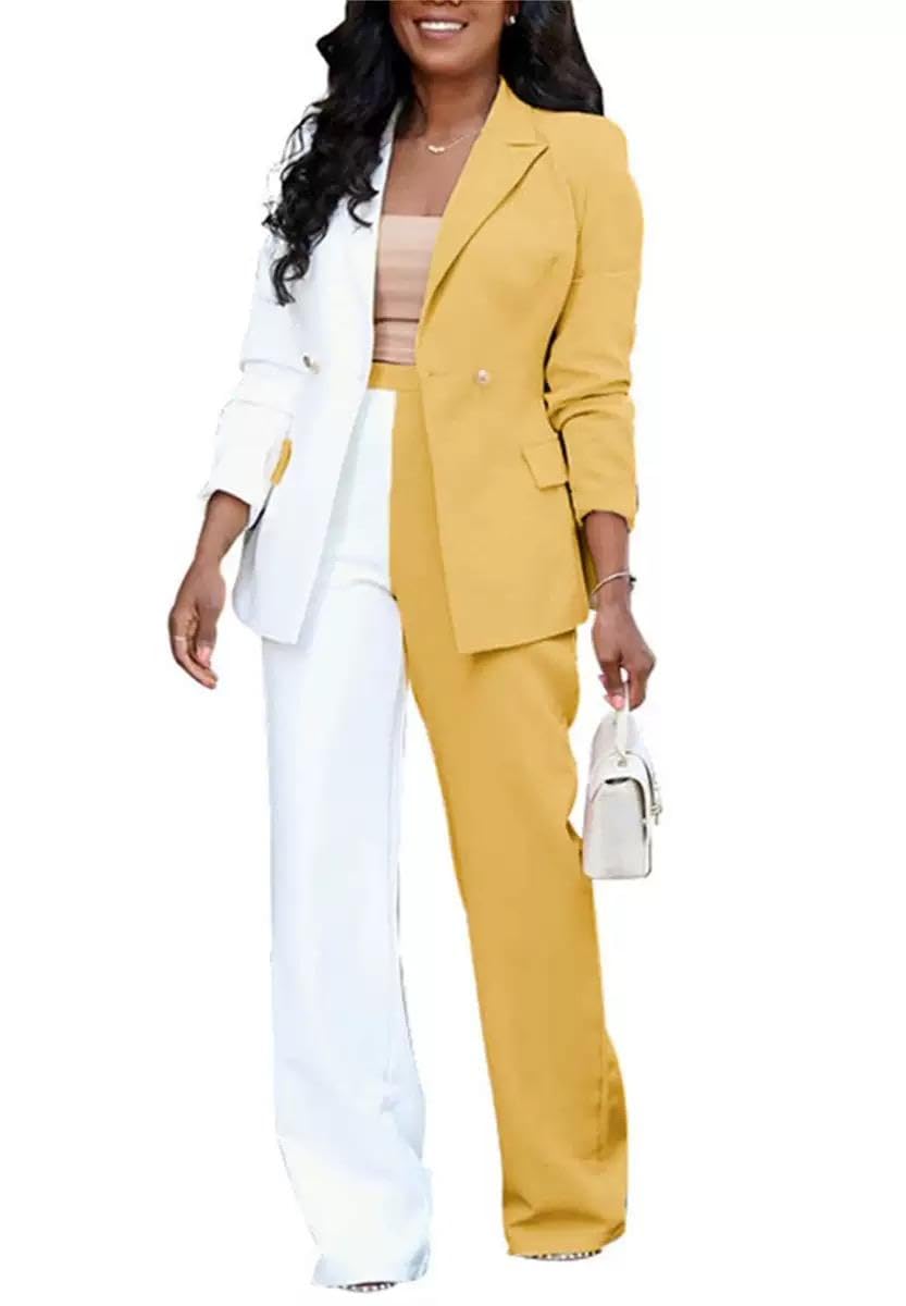Womens Match Color Suit Double Breasted Buttons Peak Lapel 2 Pieces Tuxedos Jacket Pants for Business Homecoming