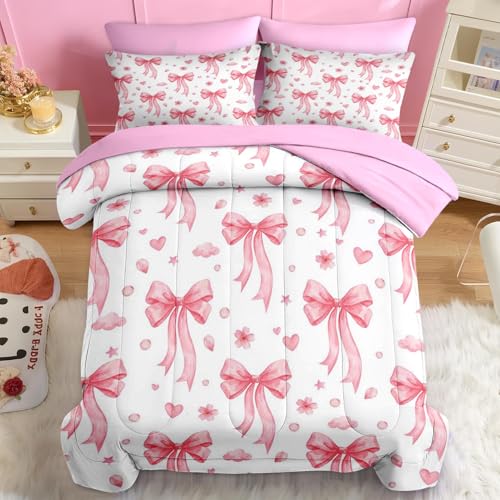 Image of Nesker Bow Comforter Set Twin Size, 5 Pieces Bed in a Bag, Pink Bow Bedding Set for Girls, Romantic Heart Comforter Set with 1 Pillowcase & 1 Sham