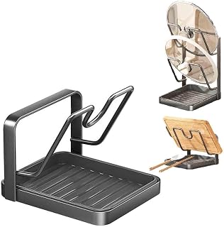 Kitchen Pot Lid Storage Rack & Spoon Rest,Countertop Pot Lid Organizer with Removable Drip Tray,Pots Lids Holder While Cooking,Storage Stand for Cutting Boards,Ladles,Spatulas (Gray-B)