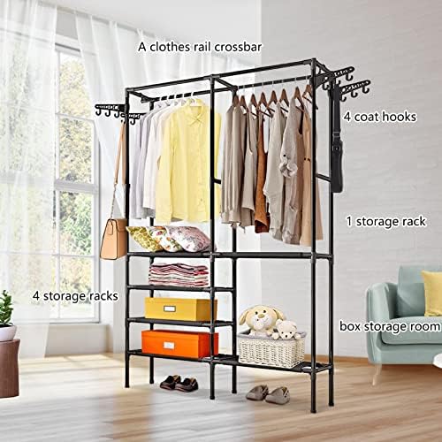 YORKING Clothes Rails Heavy Duty Garment Rack Hanging Rack Black Coat Display Stand Open Storage Wardrobe with 4 Hangers Hooks 6 Tiers Shoes Organizer Shelf for Hallway Living Room Bedroom
