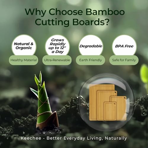 Image of Keechee Natural Bamboo Cutting Board Set of 4, Wood Chopping Block Set | Non Toxic, Resisted-Cracking&Curling, Deep Juice Groove, Side Handles,Cross-Laminated Structure, Knife-Friendly