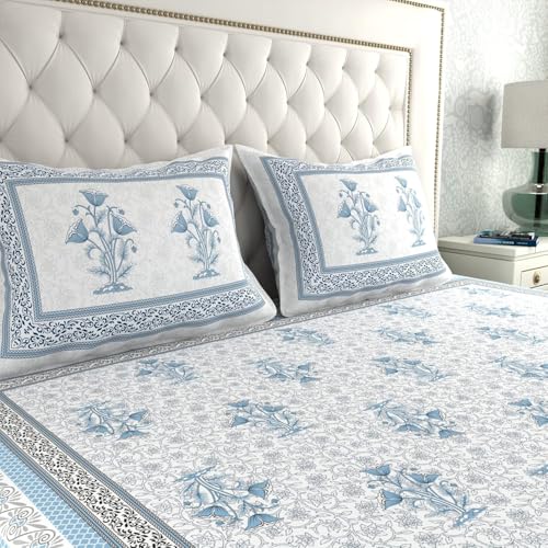 Image of La Verne 140 TC 100% Cotton King Size Jaipuri Rajasthani Print Bedsheet with 2 Pillow Covers (Light Blue)
