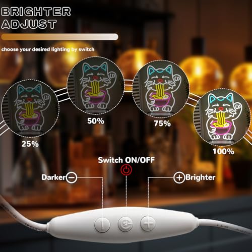 Image of Fortune Cat Ramen Neon Sign for Wall Decor, Dimmable Lucky Cat Neon Light, Japanese Noodles Led Signs for Restaurant, Kitchen, Home, Pub, Dinning Room