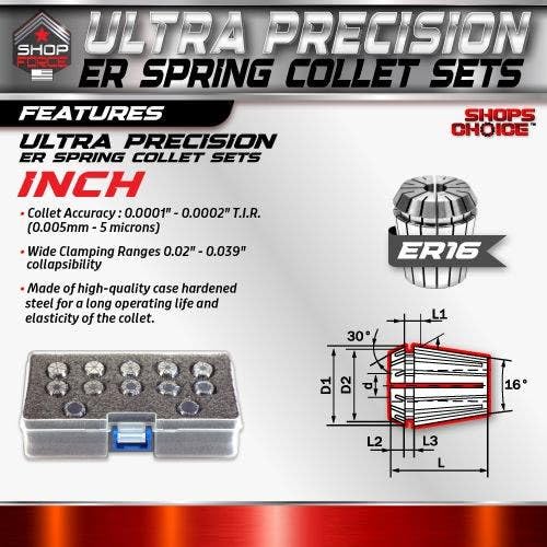 CP098, Shop Force, Shop'sChoice, Ultra Precision Spring Collets, 12 Piece Set, Collet Series: ER 16, Collet Size: