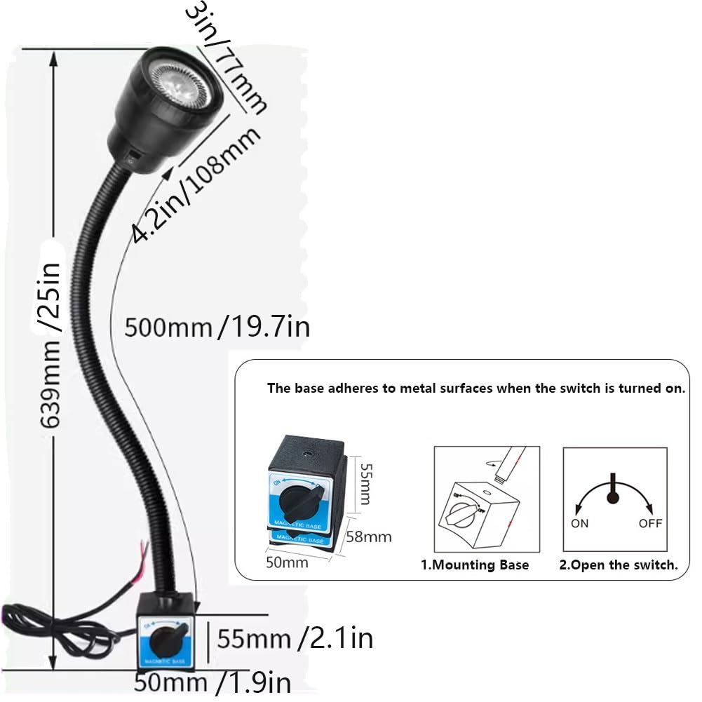Przenośna lampa robocza LED, wyposażona w elastyczną rurkę szyjną i magnetyczną podstawę, 120 lumenów na wat, magnetyczna lampa robocza do tokarki, maszyna do szycia (5W-220V-500MM)