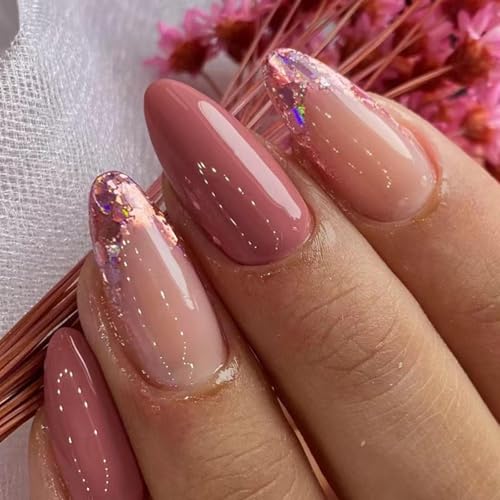 Image of Brick Red Press on Nails Medium Almond Fake Nails with Pink Glitter Design French Tip Glue on Nails Glossy Acrylic Full Cover Nude Stick on Nail Fall False Nail For Women Girls Manicure 24pcs