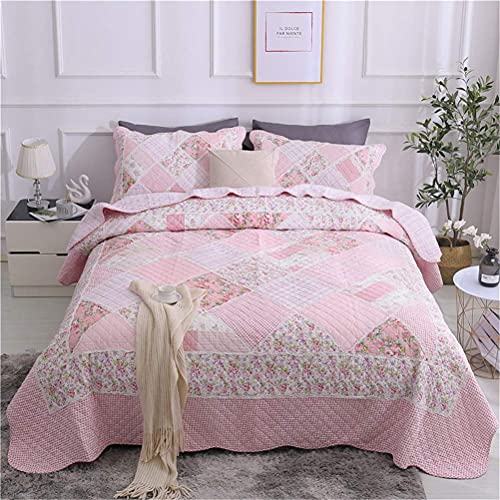 LEELLY Juego de Ropa de Cama con edredón Decorativo, Juego de Colcha de Retazos Vintage Acolchado de 3 Piezas Que Incluye 1 Colcha Rosa, 2 edredones, Funda de Almohada, Cama tamaño King Cover