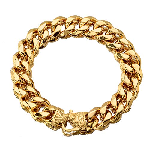 Jewelry Kingdom 1 Cuban Link Chain Necklace Bracelet for Men and Women 18K Gold High Polish Stainless Steel Diamond Cut Curb Cuban Link Chain with Cast Flower Clasp (Bracelet, 13MM, 9