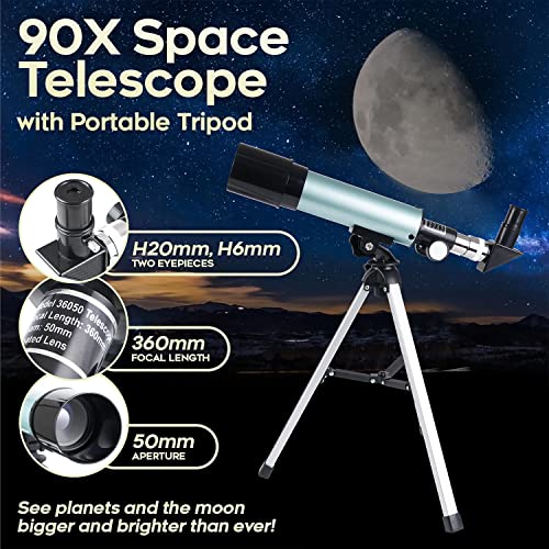 Mijiao Teleskop für Kinder, 360/50mm Astronomisches Teleskop Refraktor Weltraum Fernrohr Landschaft Teleskope Tragbares Reiseteleskop mit Stativ, Kinder Geschenke für Kinder & Einsteiger.