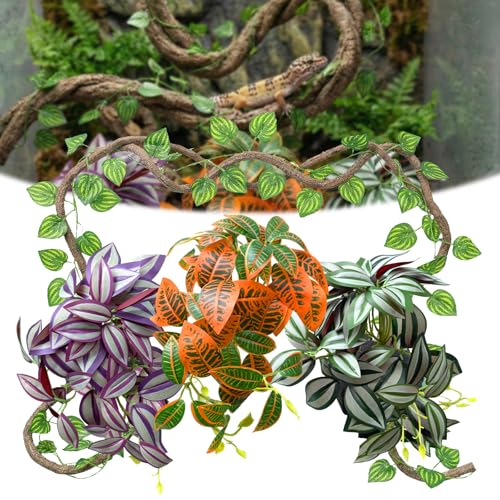 5 Pcs Reptile Plants & Habitat Decor Kit - 3 Artificial Hanging Plants & Large 3.3ft Jungle Vine Branch, Terrarium Tank Climbing Accessories for Crested Gecko, Bearded Dragon, Lizard, Snake, Chameleon