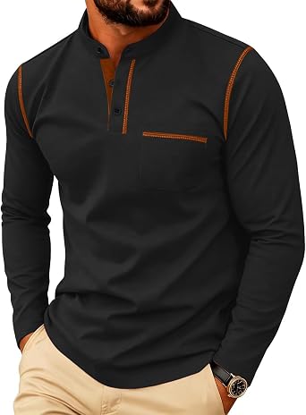 Mens Henley Shirt Long Sleeve T-Shirt Casual Top Pullover Lightweight Top Shirts with Button