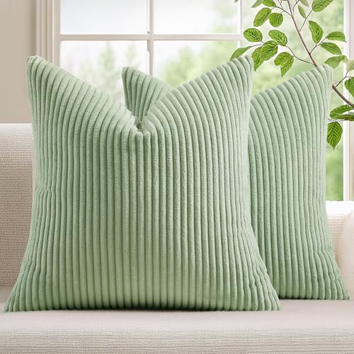 Mecatny Corduroy Decorative Throw Pillow Covers 18x18 Set of 2 for Sofa Living Room, Soft Neutral Boho Couch Pillow Covers for Home Decor, Sage Green