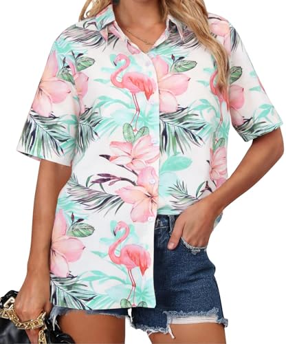 Image of ASTANFY Hawaiian Shirt Women Hawaii T-Shirt Tropical Floral Printed V Neck Shirts Soft Cool Summer Beach Button Up Blouse