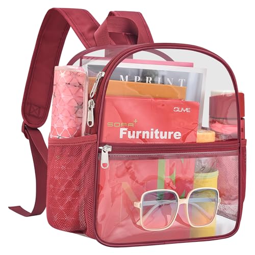 Image of Busiuw Clear Backpack for Stadium Events 12x12x6 Mini Small Sports Fan Backpacks with Front Pocket for Concert Sport Events Work Travel(Rose red)