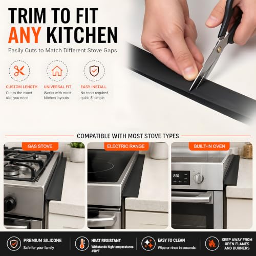 Image of Silicone Stove Gap Covers 2 Pack, Stove Gap Filler for Counter Gap, Black | Gap Filler for Stove and Counter, Heat Resistant Oven Gap Filler, Flexible Easy-Clean Silicone stove Guard for 0.1 inch-0.8 inch Gaps