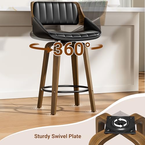 Image of YaFiti Bar Stools Set of 4, 26 inch Swivel Counter Height Barstools with Bentwood Back and Legs, Mid Century Modern Upholstered Faux Leather Counter Stools for Kitchen Island, Bar, Dining Room, Black