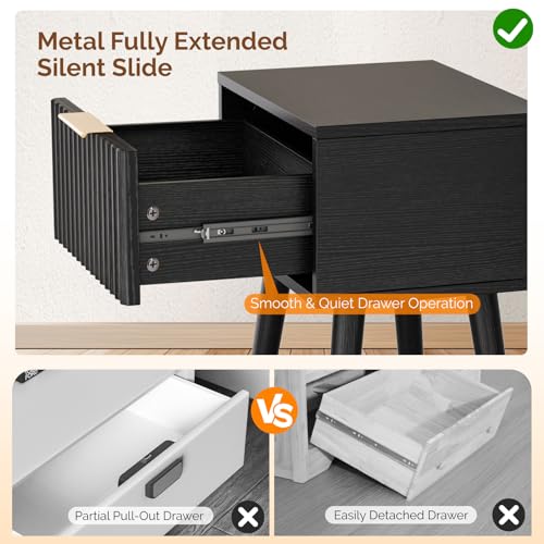 Image of VINGLI Night Stand Set 2, Fluted Nightstands with Drawer, Mid Century Modern Nightstands Set of 2, Bedside Table, End Table, Wood Nightstand for Bedroom, Black, 15.75 inch W*11.81 inch D*21.85 inch H