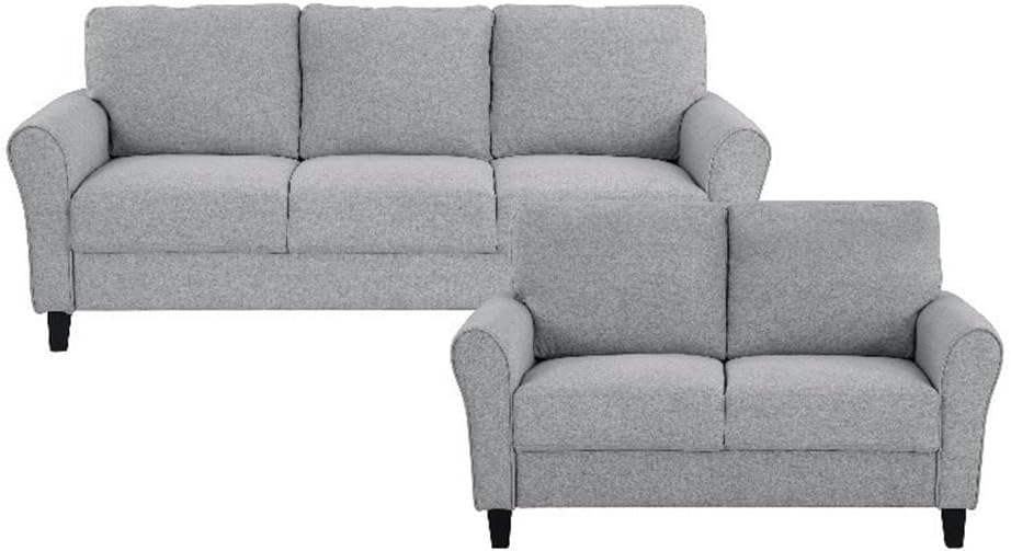 Pemberly Row Upholstered 2-Piece Sofa Set, Dark Gray Fabric, Solid Wood and Plywood Frames, Welt Trim Rounded Arms, Faux Wood Finish, Comfortable Living Room Seating, Transitional to Modern Style