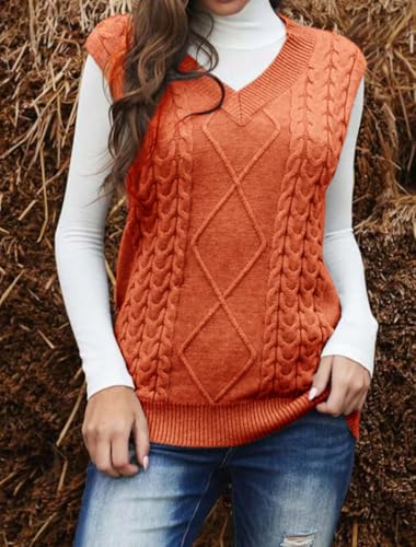 Image of Women's Sweater Vest,Long Cable Loose Knitted Sleeveless V Neck Casual Sweaters Tank Top S~XL